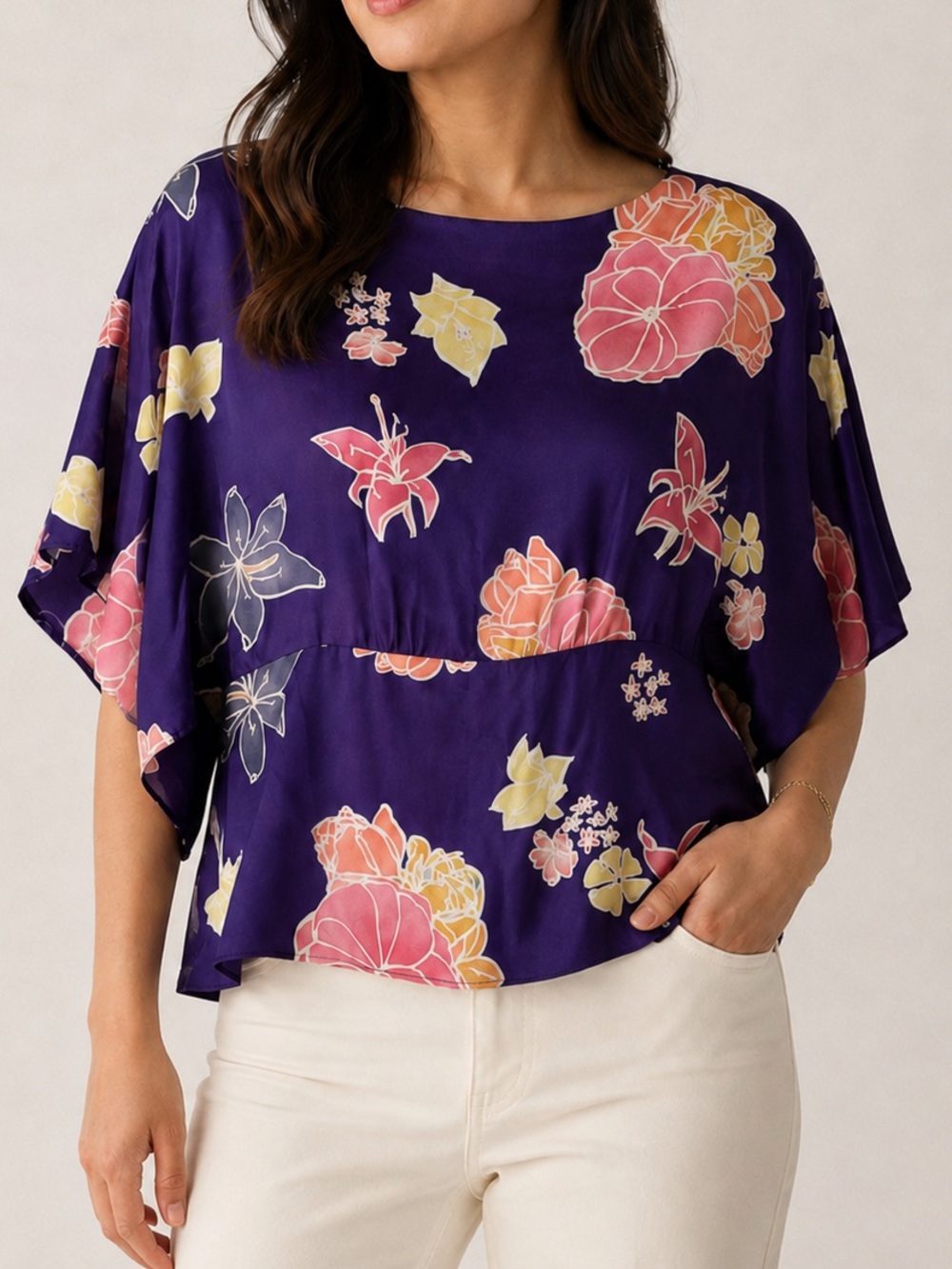 Anna Sui for Anthropologie 100% Silk Purple Floral Blouse Size 8